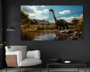 Panorama Juravallei gebergte, met Brachiosaurus dinosaurus, illustratie van Animaflora PicsStock