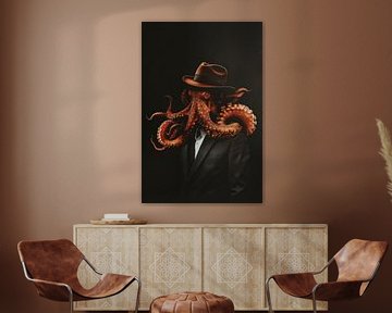 Rode octopus als maffiabaas gangster met zwarte achtergrond van Digitale Schilderijen