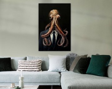 Oranje octopus als maffiabaas gangster met zwarte achtergrond van Digitale Schilderijen