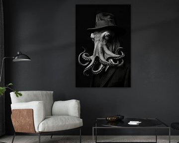 Zwart wit octopus als maffiabaas gangster met zwarte achtergrond van Digitale Schilderijen