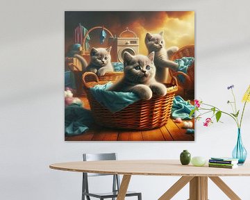 3 chatons british shorthair occupés à faire la lessive sur Bernhard Karssies