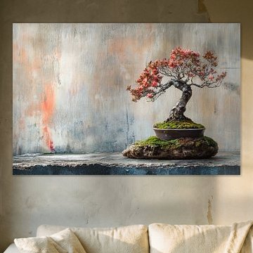 Un délicieux bonsaï d'azalée pousse dans un bol rustique