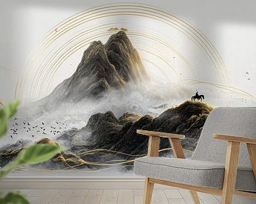 Gold mountains as abstract Chinese digital art by Digitale Schilderijen