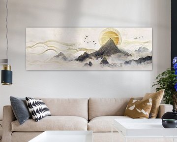 Gouden bergen rijzen op uit een zee van wit rijstpapier, geschilderd met fijne Chinese inkt van Digitale Schilderijen