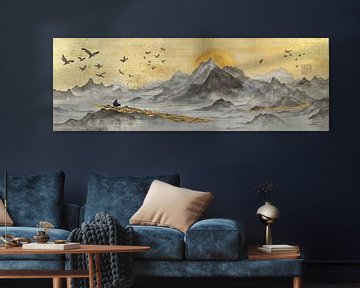 Abstract golden mountains with birds and man on horseback in Oriental atmosphere by Digitale Schilderijen