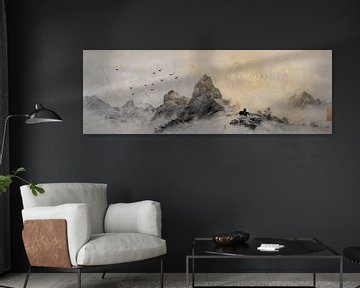 Panorama van bergen, vastgelegd in Chinese inkt op rijstpapier. van Digitale Schilderijen