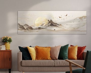 Elegante panorama met gouden zon en bergen van Digitale Schilderijen