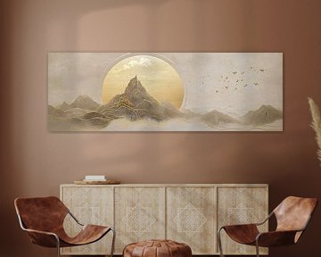 Gouden zon en lijnen van goud door de bergen als panorama van Digitale Schilderijen