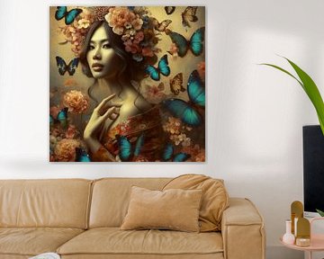 portret van een vrouw met bloemen en vlinders