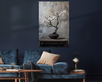 Bonsai met amandelbloesem en old hout stilleven. van Digitale Schilderijen