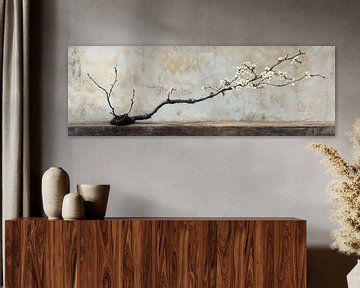 Tak bonsai almondbloesem stilleven op een oude houten tafel als panorama van Digitale Schilderijen
