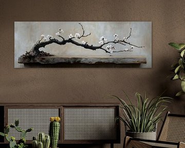 Tak almondbloesem bonsai stilleven hout oud panorama van Digitale Schilderijen