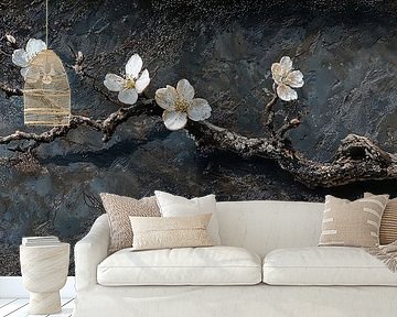 Old wood bonsai almond blossom still life branch dark panorama by Digitale Schilderijen