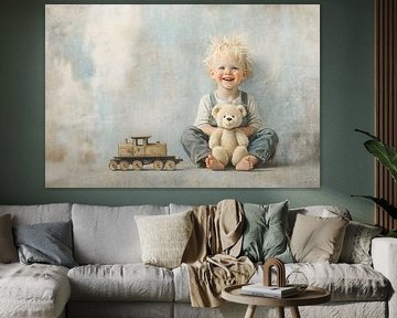 Boy with teddy bear and railway by Heike Hultsch