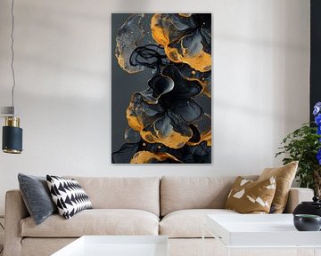 Gouden Dans van Vloeibare Vormen in Zwart en Diepgoud