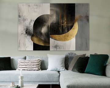 Intriguing work of art in abstract shapes floating dance between gold, black and white by Digitale Schilderijen