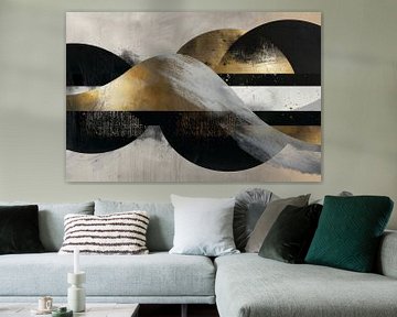 Magical abstract mix of circles and waves in gold, black and grey by Digitale Schilderijen