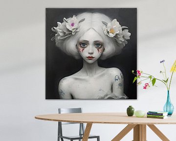 Poupée avec fleur sur fond noir