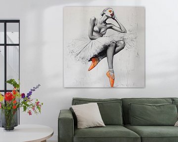 Zittende ballerina in zwart-wit met oranje accenten van Lauri Creates