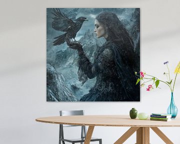 Gothic queen in de sneeuw met roofvogel van Mel Digital Art