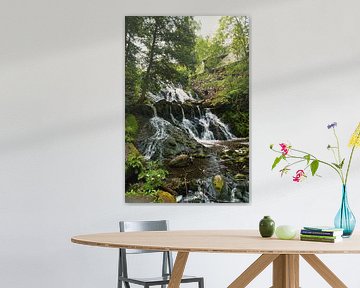 Kleine waterval in het bos met mos op stenen
