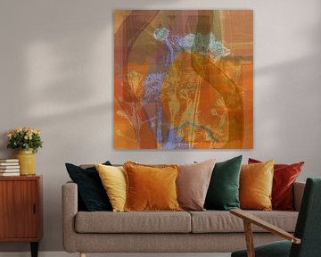 Abstracte botanische kunst. Bloemen in roestbruin, oranje en lila. van Dina Dankers