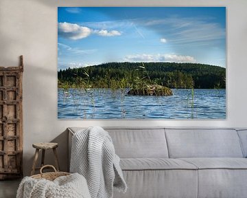 Meer in Zweden met witte wolken, blauw water en bomen aan de oever
