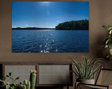 Lake in Sweden with white clouds, blue water and trees on the shore by Martin Köbsch