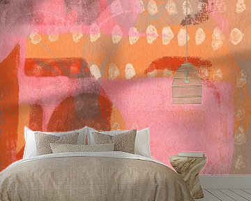 Abstract shapes in pink, orange, white, brown.