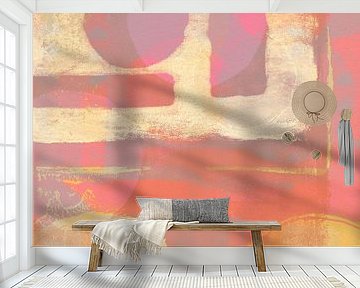 Abstract shapes in neon pink, yellow, lilac, white.