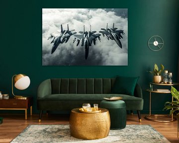Drie straaljagers vliegen naast elkaar boven de wolken van Digitale Schilderijen