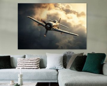 Een oud vintage vliegtuig uit de oorlog zweeft tussen de wolken van Digitale Schilderijen