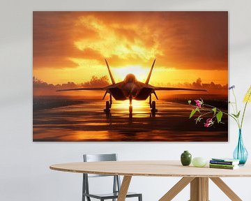 Avion de chasse sur la piste d'atterrissage à l'heure dorée sur Digitale Schilderijen