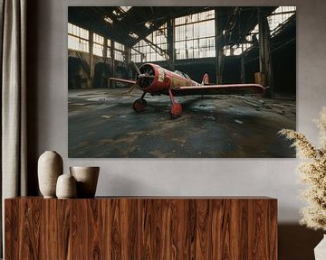 Verlaten vliegtuig rust op de grond van een vergeten industrieel gebouw van Digitale Schilderijen
