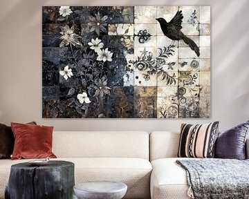 Collage of classic tiles with delicate flowers and graceful birds by Digitale Schilderijen