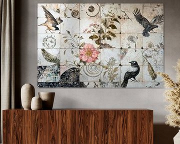 Tegel kunstwerk van vogels en bloemen van Digitale Schilderijen