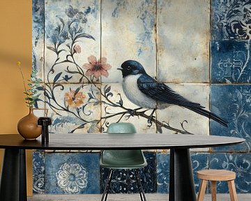 Oude tegels met prachtige bloemmotieven en sierlijke vogels  Delfts blauwe stijl van Digitale Schilderijen