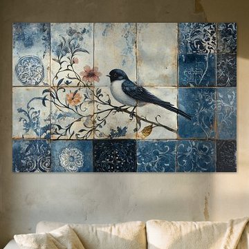 Carreaux anciens avec de beaux motifs floraux et des oiseaux décoratifs style bleu de Delft sur Digitale Schilderijen