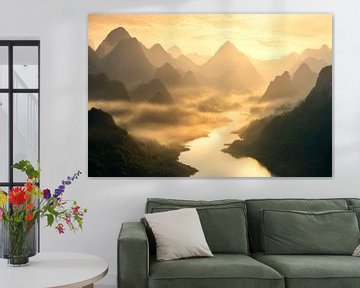 Mist in de bergen zonsondergang van Poster Art Shop