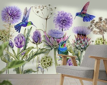 Birds hummingbird botanical allium and artichoke by Geertje Burgers
