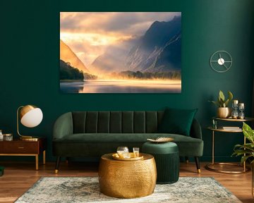 Mist in een bergmeer van Poster Art Shop