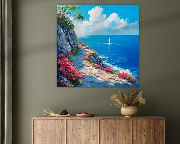 Coastal path with sailing boat by Poster Art Shop
