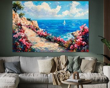 Vue sur la côte avec un voilier sur Poster Art Shop