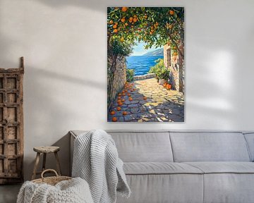 Sinaasappelpad aan zee van Poster Art Shop