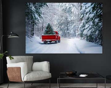 Rode Vrachtwagen Winter van Poster Art Shop