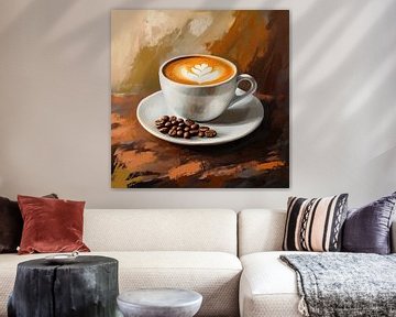 Koffiekunst: kopje met coffee art en koffiebonen abstract van Mel Digital Art