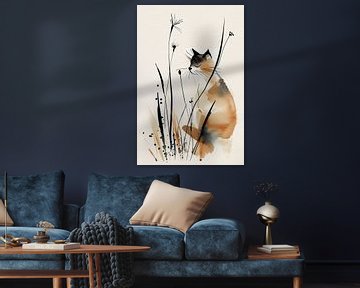 Kitten met Veldbloemen in Japandi Stijl van Karina Brouwer