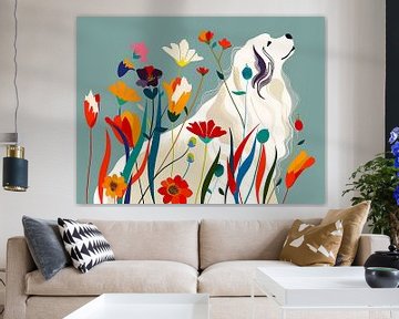 Pyrenese Berghond tussen Wilde Bloemen | Abstract Art van Karina Brouwer