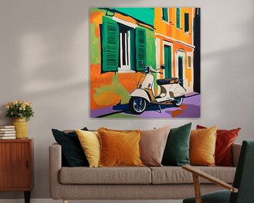 Vespa vor bunter Wand von Poster Art Shop
