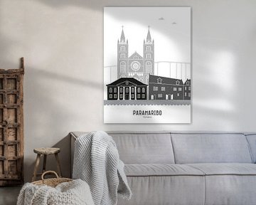 Skyline illustratie stad Paramaribo, Suriname in zwart-wit-grijs van Mevrouw Emmer